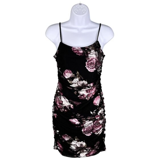 Black Foiled Pink Floral Ruched Mini Dress Bodycon Coquette Whimsigoth Womens S - Picture 1 of 16